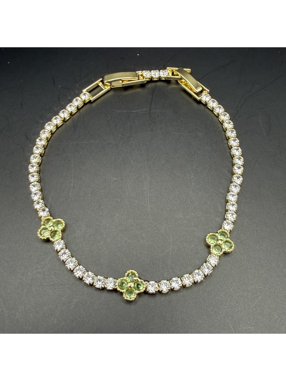 candy+clover light green crystal clover gold tone tennis bracelet